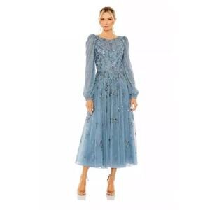 NWT Mac Duggal High Neck Size 6 Floral Embellished Puff Long Sleeve Midi Dress